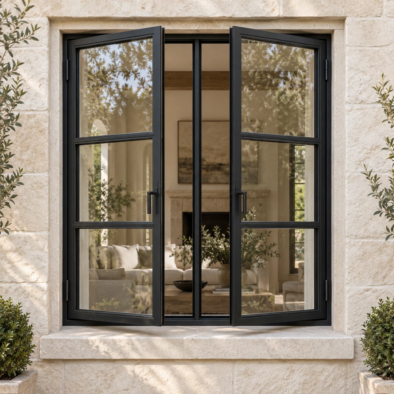 Custom Crafted black steel double casement window in a limestone exterior.
