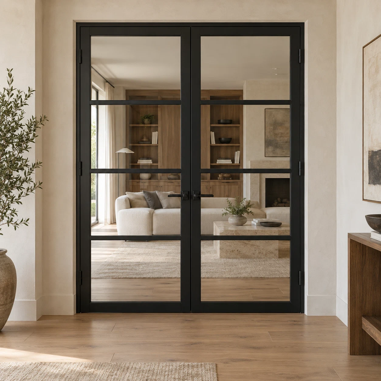 Black steel-and-glass interior double doors in a warm luxury living room